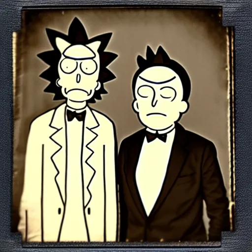 Prompt: tintype photo of “ rick and morty ”