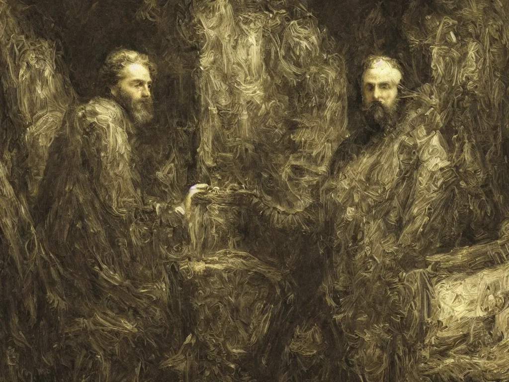 Image similar to an artificial intelligence painting a masterpiece self - portrait in his studio in the style of gustave dore