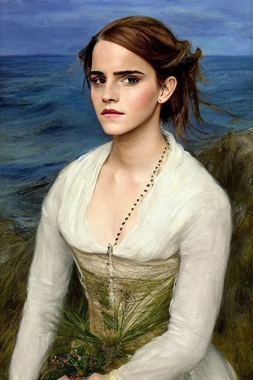 Prompt: a true-to-life portrait of Emma Watson against a backdrop of an ocean painted by John Everett Millais, real-life accurate, photoshoot