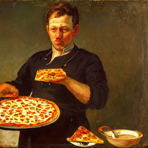 Prompt: man making pizza, oil on canvas, 1883
