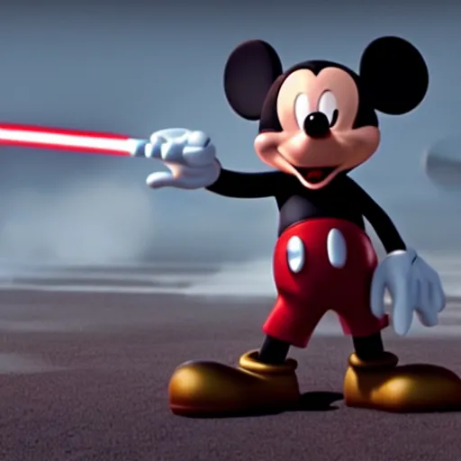 Prompt: film still of mickey mouse killing darth vader in the new star wars movie, 4 k