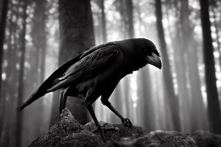 Image similar to crow human, photograph captured in a dark forest