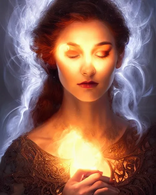 Image similar to lightpainting, diffuse lighting, fantasy, intricate wiccan facial lightpainting, elegant light, highly detailed, lifelike, photorealistic, digital painting, artstation, concept art, smooth, sharp focus, art by john collier, albert aublet, krenz cushart, artem demura, michael bosanko