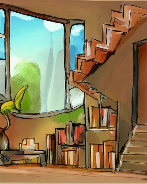 Image similar to a cartoon scene of a living room with stairs leading up to a window, concept art by hanna - barbera, featured on deviantart, environmental art, concept art, official art