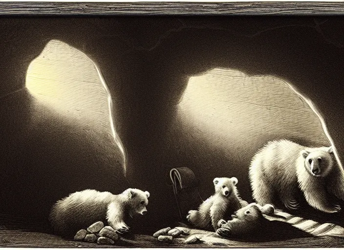 Prompt: Pieter Claesz's 'a bear and her cubs sleeping in a dark cave, lit by hole in roof', night time, cross hatching, backlit, beautiful wooden frame, monochrome, colours of the sunset