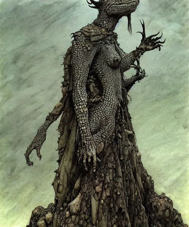 Image similar to A detailed horned crocodilewoman stands among the hills. Wearing a ripped mantle, robe. Perfect faces, extremely high details, realistic, fantasy art, solo, masterpiece, art by Zdzisław Beksiński, Arthur Rackham, Dariusz Zawadzki