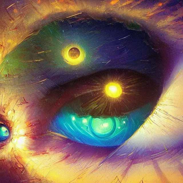 Image similar to a closeup view of the beautiful human eye, iris of the human eye, iris turning into landscapes, fantasy landscape, colorful, sharp and focus, ultra detailed, beautifully lit landscape, astrophotography, in the art style of dan mumford, ivan aivazovsky and marc simonetti