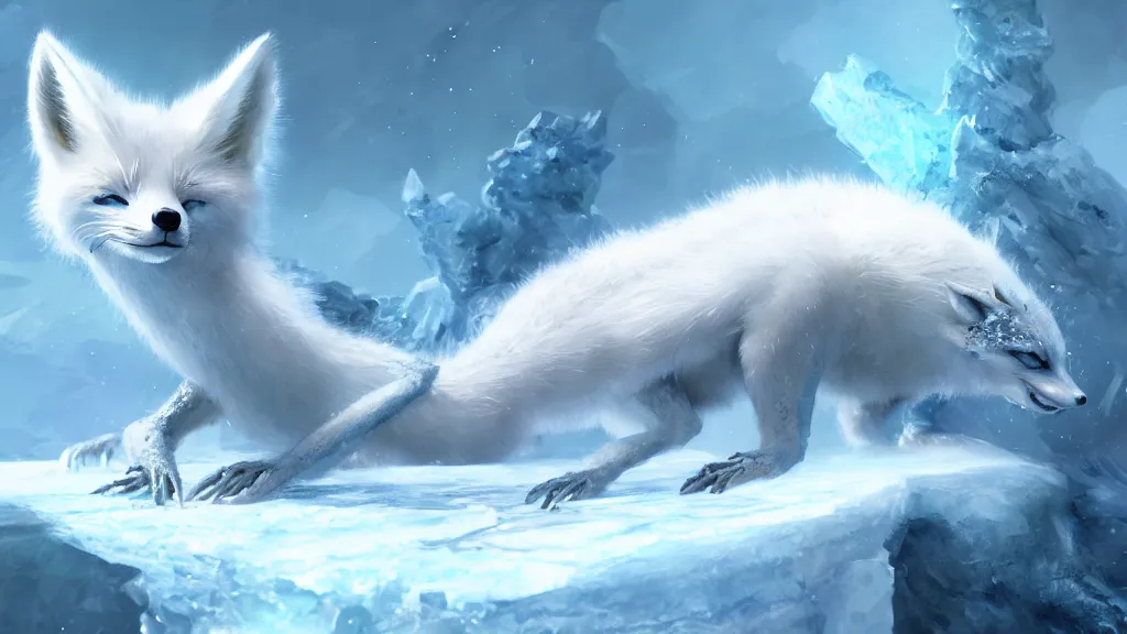 Image similar to white - haired anime fox lizard frozen in an ice floe, intricate, highly detailed, smooth, wide shot, artstation, digital illustration by ruan jia