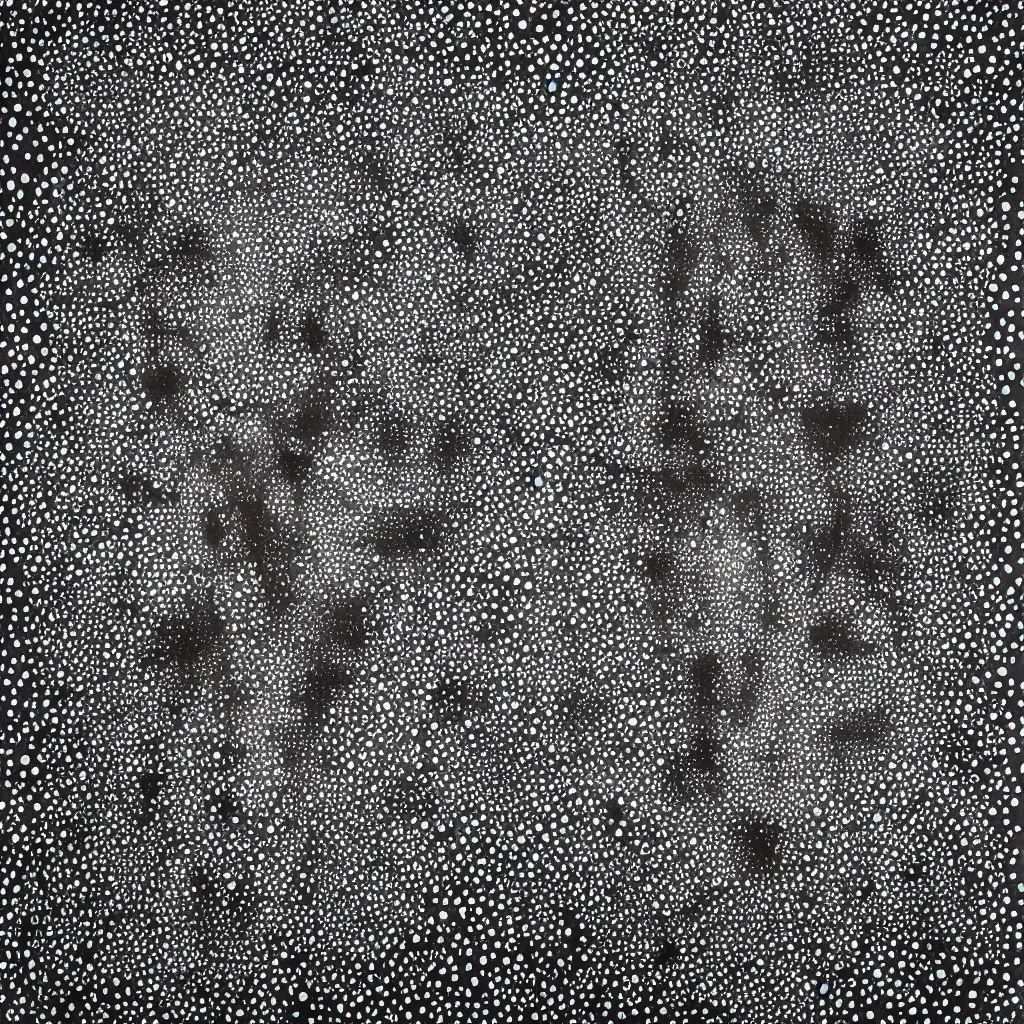 Image similar to camo made of out teeth, smiling, abstract, maya bloch artwork, do hoang tuong artwork, cryptic, dots, stipple, lines, splotch, concrete, color tearing, pitch bending, faceless people, tribal, dark, ominous, eerie, minimal, points, technical, painting