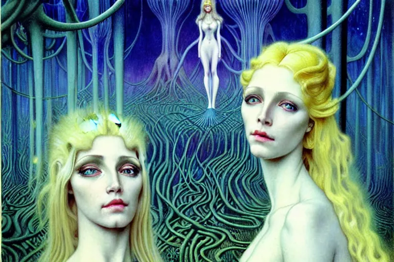 Image similar to realistic detailed portrait painting of a beautiful ghost woman with blond hair with an alien, futuristic sci-fi forest on background by Jean Delville, Amano, Yves Tanguy, Alphonse Mucha, Edward Robert Hughes, Roger Dean, rich moody colours, blue eyes