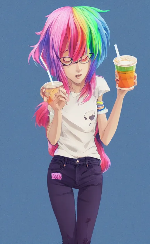 Image similar to a kawaii woman with rainbow hair, happy, summer time, holding boba tea drink, soft eyes and narrow chin, dainty figure, long hair straight down, kawaii shirt and jeans, basic white background, In style of by Jordan Grimmer and greg rutkowski, crisp lines and color