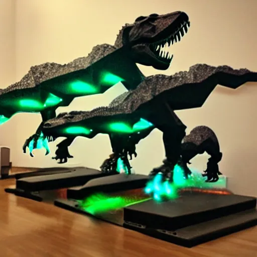 Image similar to three headed cyborg tyrannosaurus rex with lasers.