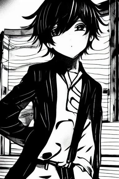 Image similar to attractive little boy wearing an bunny suit, black and white artwork in manga style, made by makoto shinkai