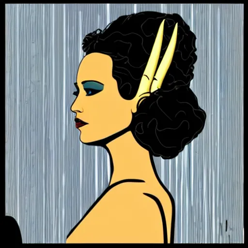 Image similar to jennifer lawrence as the bride of frankenstein, patrick nagel art style