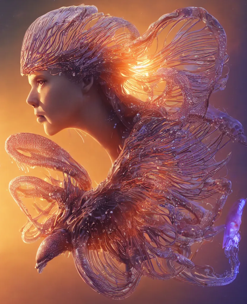 Image similar to close-up macro portrait of the face of a beautiful princess, epic angle and pose, symmetrical artwork, 3d with depth of field, blurred background, cybernetic jellyfish female face skull phoenix bird, translucent, nautilus, energy flows of water and fire. a highly detailed epic cinematic concept art CG render. made in Maya, Blender and Photoshop, octane render, excellent composition, cinematic dystopian brutalist atmosphere, dynamic dramatic cinematic lighting, aesthetic, very inspirational, arthouse. y Greg Rutkowski, Ilya Kuvshinov, WLOP, Stanley Artgerm Lau, Ruan Jia and Fenghua Zhong