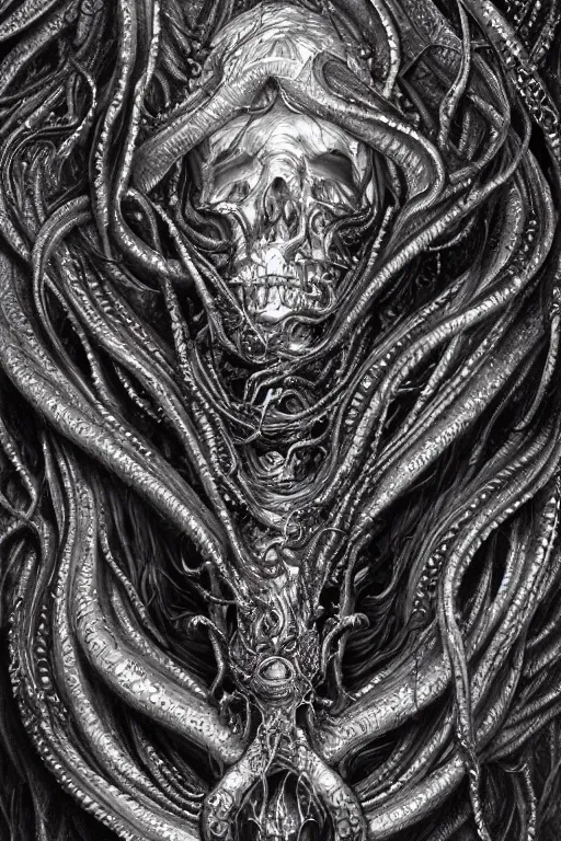 Image similar to realistic portrait of beautifully crystalized and detailed portrait of a melting skull, tentacles, tendrils, eldritch, matte painting of cinematic movie scene red dragon, horror, created by gustave dore and greg rutkowski, high detailed, smooth draw, synthwave neon retro, intricate, realistic proportions, dramatic lighting, trending on artstation.