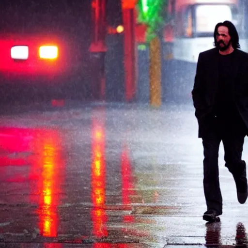 Image similar to keanu reeves walking in the rain on a reflective city street near a red flashing street light, highly detailed face and reflections misty dark