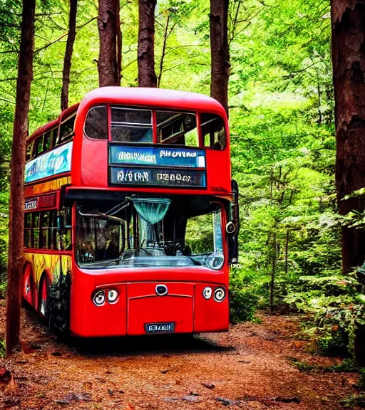 Prompt: burnt shell of a double decker bus in a beautiful enchanted forest full of vibrant life, ray casting, light rays, award winning photo