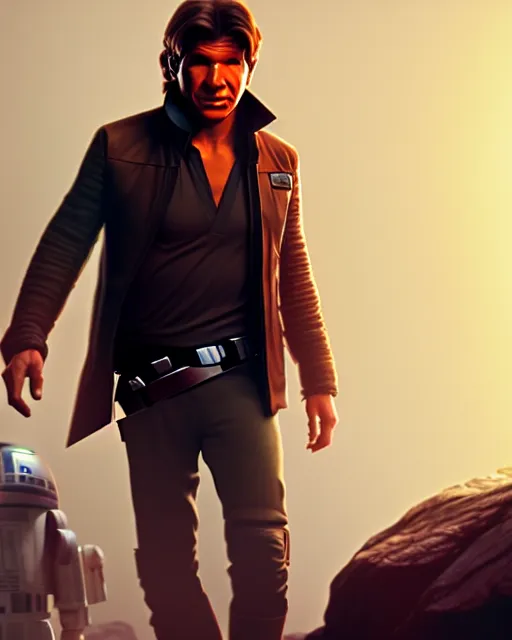 Image similar to modern star wars scene starring harrison ford as han solo rendered in unreal engine 5, by wlop, greg rutkowski, and peter mohrbacher, octane render, ultra high detail, 3 d, extremely detailed shading, concept art, character design, trending on artstation, atmosphere, glow, cinematic lighting, full of color