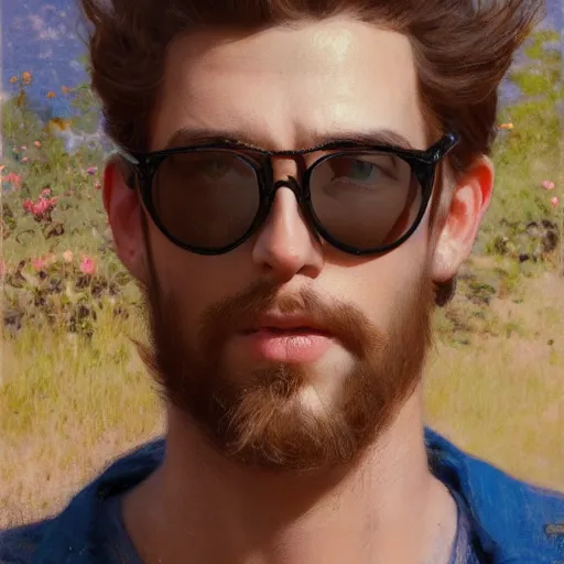 Prompt: detailed cinematic wide shot of beautiful attractive young man sunglasses black clothes black hair no beard slim face symettrical face clean skin blue eyes black clothes, ultra realistic, spring light, painting by gaston bussiere, craig mullins, j. c. leyendecker