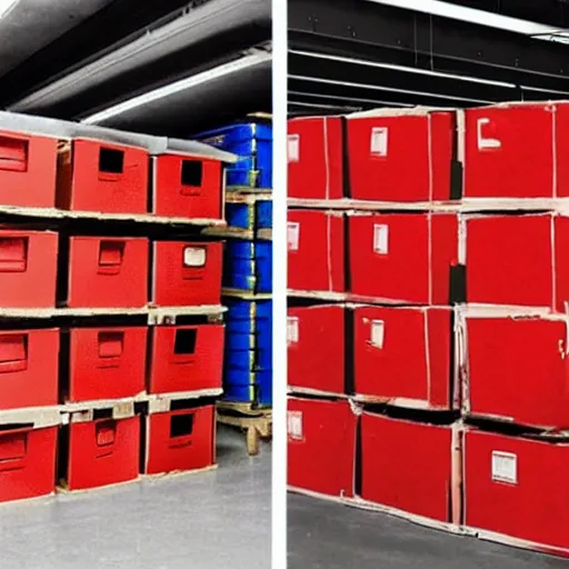 Prompt: two frames of equal size, the first a warehouse full of boxes, the second is the same picture but the boxes are red