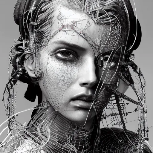 Prompt: the portrait of an absurdly beautiful, graceful, elegant, sophisticated, fashionable cyberpunk gravure idol, an ultrafine hyperdetailed illustration by kim jung gi, irakli nadar, intricate linework, bright colors, porcelain skin, mixed metals, unreal engine 5 highly rendered, global illumination, radiant light, detailed and intricate environment