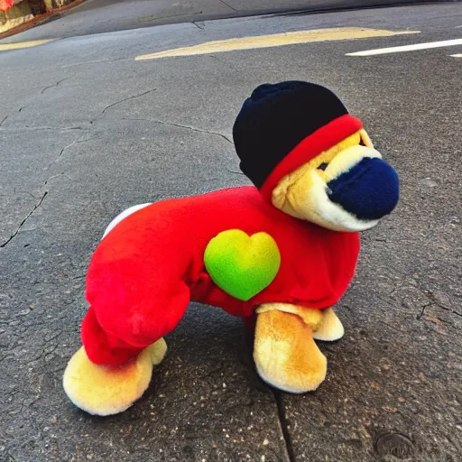 Image similar to bongo beanie baby on a sidewalk,