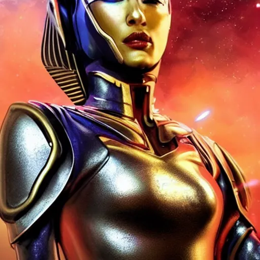 Prompt: a woman hero in a themed futuristic metal suit, super hero, armor, sleek, beautiful face, cinematic pose, sci - fi, egypt themed art