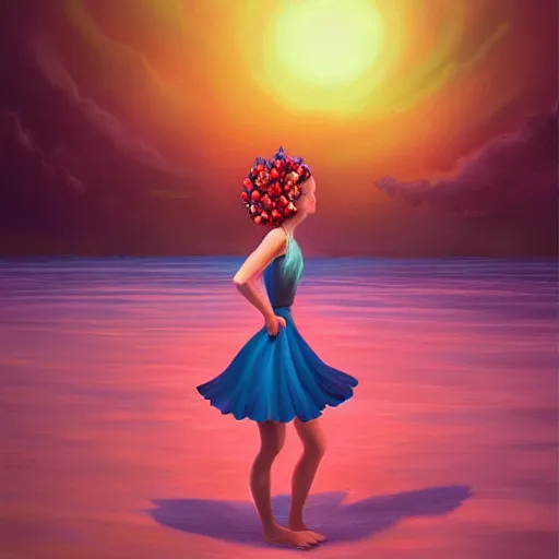 Image similar to portrait, giant rose flower head, girl dancing at the beach, surreal photography, sunrise, blue sky, dramatic light, impressionist painting, digital painting, artstation, simon stalenhag