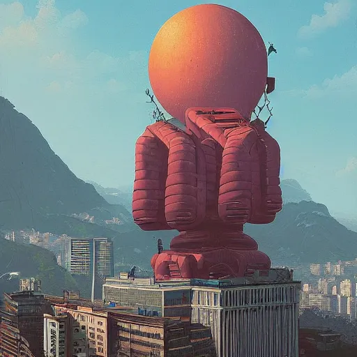 Prompt: a giant head floating above rio de janeiro by simon stalenhag