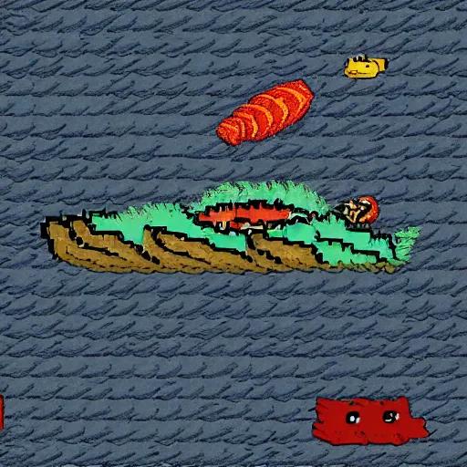 Prompt: A submarine dives alone into a dark deep sea with a sea monster behind it, pixel style.