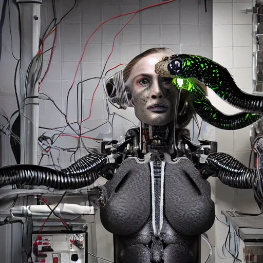 Prompt: the upper torso of a terminator cyborg lady with borg implants, human face and robotic snakes coming out of her head. She is hanging from cables and wires off the ceiling of an abandoned lab and plugged into a server computer. Her bottom half is missing with cables hanging out. She is taking a sip from a cup of coffee. Tiny green led lights in her cybernetics. very detailed 8k. Horror cyberpunk style.