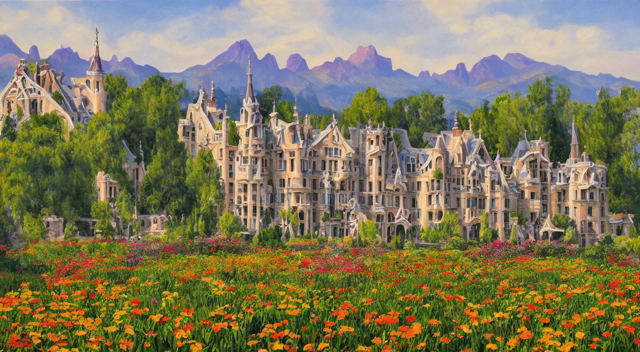 Prompt: a landscape painting of a manor designed by Antoni Gaudí, with flower fields as foreground, with mountains as background, trending on artstation