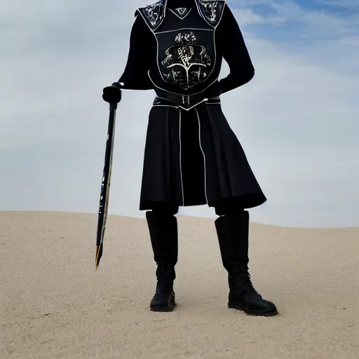 Image similar to medium face shot of adult Austin Butler dressed in futuristic-tudoresque black-prussian blue garb with embroidered-Ram-emblem, and nanocarbon-vest, in an arena in Dune 2021, XF IQ4, f/1.4, ISO 200, 1/160s, 8K, face in-frame