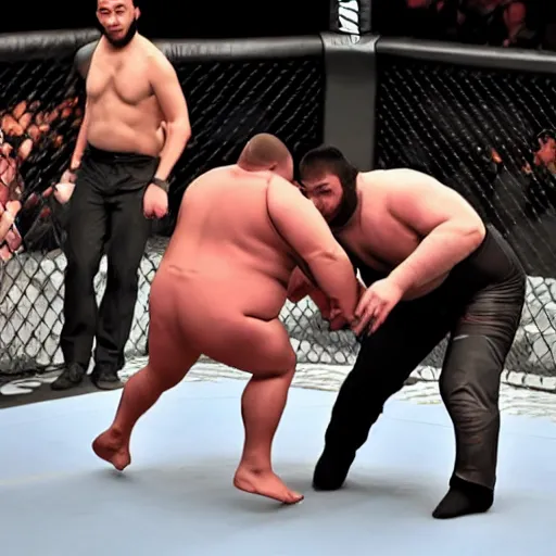 Prompt: robocop sumo wrestler getting body slammed in the ufc octagon