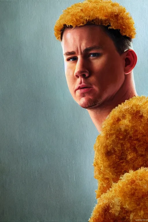 Image similar to channing tatum wearing a tater tot costume, oil on canvas, intricate, 8 k highly professionally detailed, hdr, cgsociety