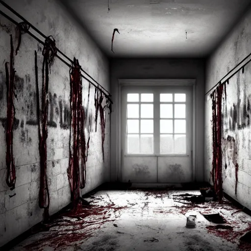 Prompt: haunted asylum with blood on the walls and chains hanging from the ceiling with a broken light bulb, right side of the wall is a broken window with light emitting through, realistic, hdr, clear image, hdd, dynamic lighting, rtx on,