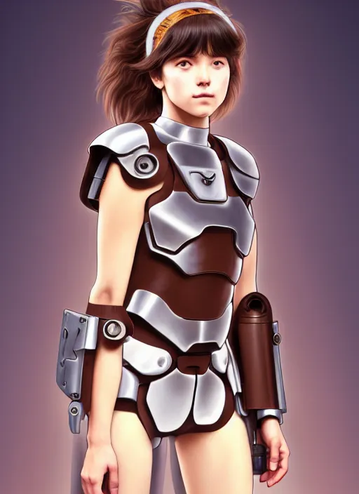 Prompt: young mysterious girl with light hazelnut hair with side swept bangs, perfectly proportioned face, brown eyes, strong square jawline, natural lighting, path traced, highly detailed, high quality, cartoon, digital painting, by new haicheng and studio ghibli and alphonse mucha wearing an cyborg space armor designed by neill blomkamp