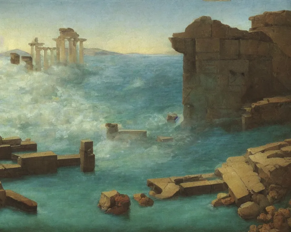 Image similar to an achingly beautiful oil painting of a partially submerged Greek temple by Raphael and Hopper.