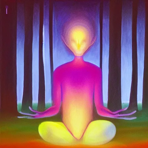 Prompt: painting of a tranquil alien made of light and glows meditating in dense forest by Lobsang Melendez Ahuanari, acrylic art, ethereal, soothing, somber, elegant, warm light, cozy, breathtaking,