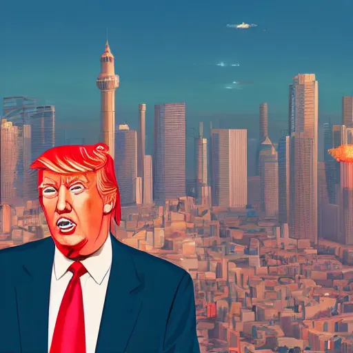 Image similar to ⁠portrait of Donald Trump, Karachi skyline background, rich vivid colors, ambient lighting, dynamic lighting, 4k, HQ, official media, anime key visual, makoto shinkai, ilya kuvshinov, lois van baarle, rossdraws, detailed, trending on artstation