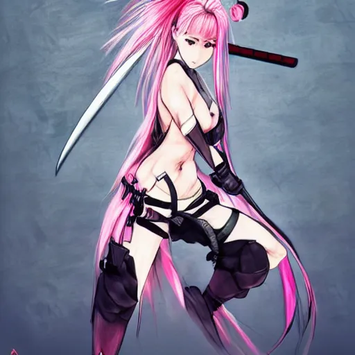 Prompt: An anime girl with pink hair, holding a katana, in samurai outfit, drawn by Yoji Shinkawa, highly detailed, trending on art station, sci-fi themed, dynamic posing