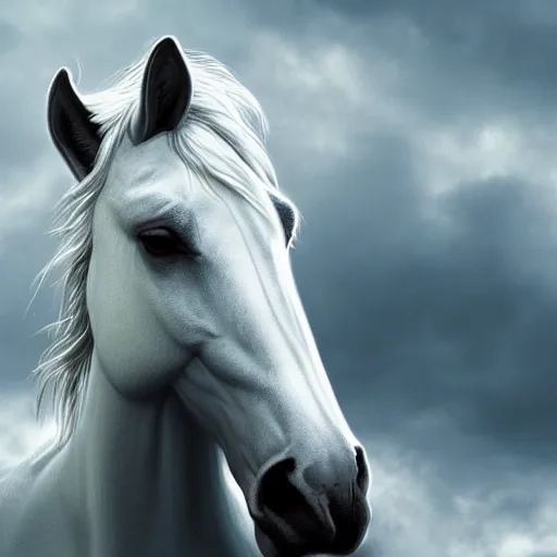 Prompt: a white horse standing in the wind, background stormy sky, hyperdetailed, artstation, cgsociety, 8k