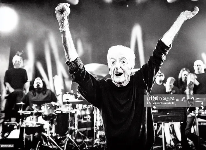 Image similar to publicity photo still of bob barker in a death metal band playing live on stage, 8 k, live concert lighting, mid shot