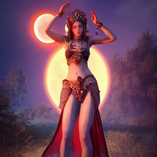 Prompt: a beautiful female goddess of the bloodmoon character, character is in all its glory, character is in her natural relaxed pose, full body shot, rim lights, particles and dust in the air, fancy clouds, highly detailed professional photo, dynamic lights, particles are flying, depth of field, trending on artstation, professional illustration, hyper realistic, vray caustics, super detailed, colorful accents, cinematic shot