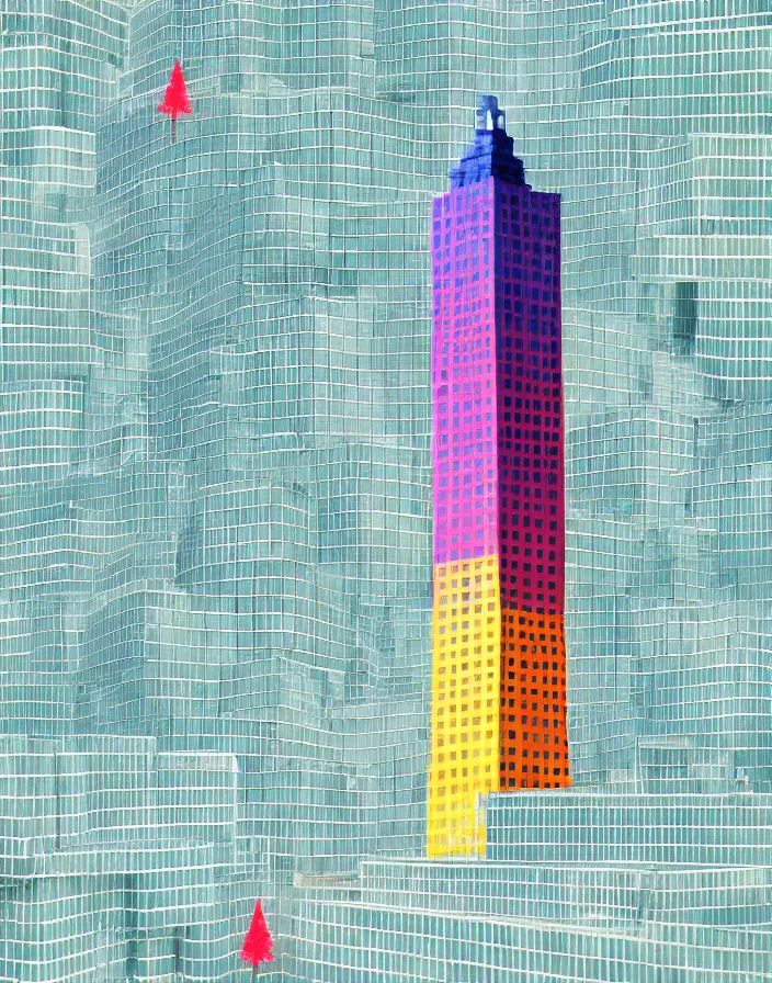 Image similar to fukuoka tower, a collage painting, in the style of wes anderson, lola dupre, david hockney, isolated on negative white space background dark monochrome fluorescent spraypaint accents volumetric octane render, no double figure