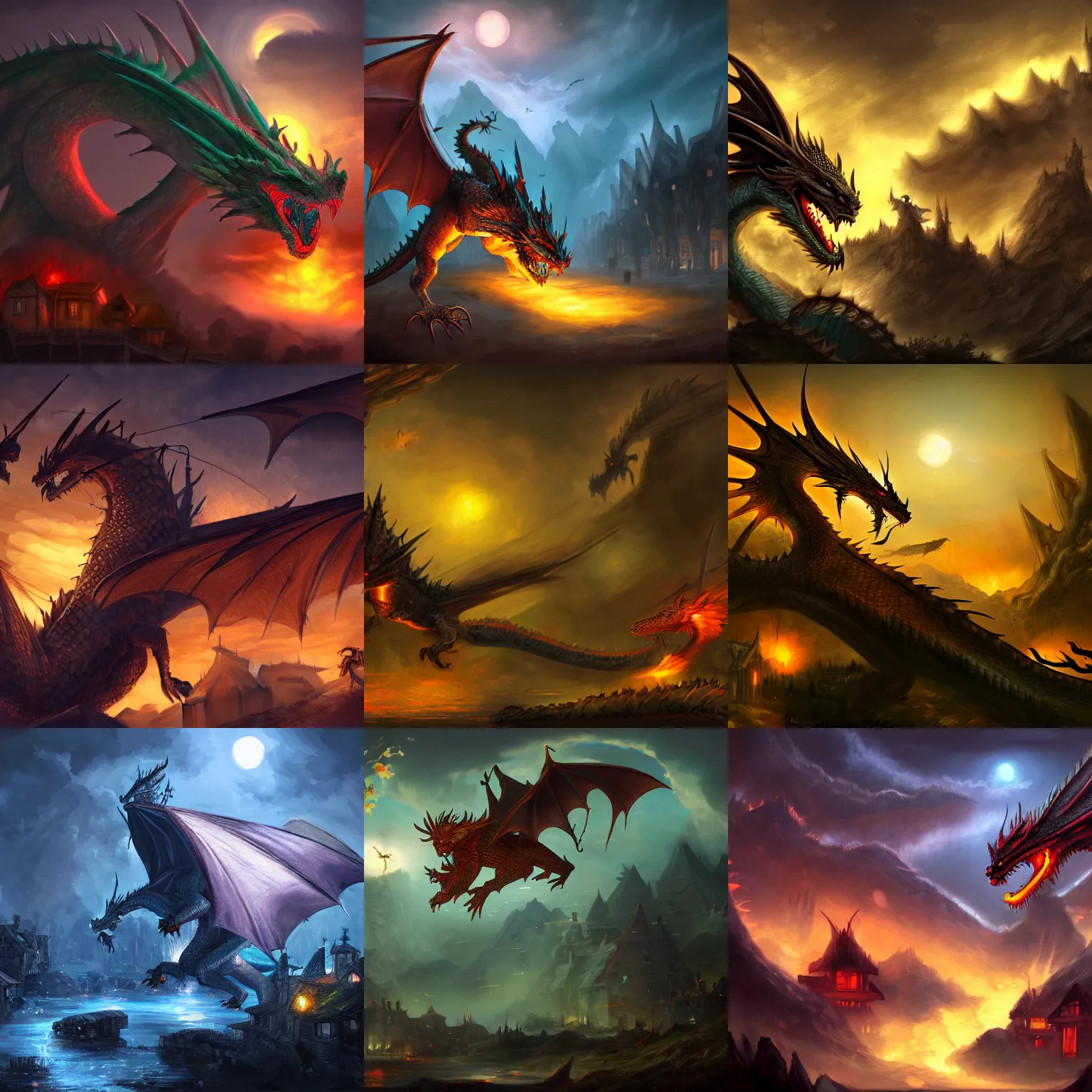 Prompt: dragon attacking village at night, fantasy art, artstation, concept art, 4 k