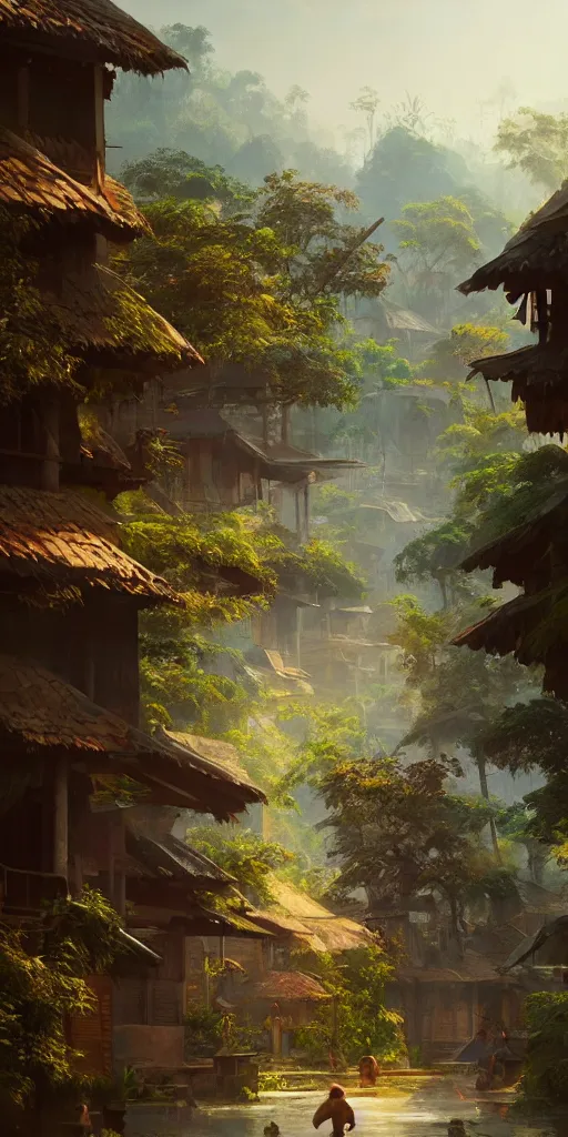 Prompt: kerala village, sharp focus, wide shot, trending on ArtStation, masterpiece, by Greg Rutkowski, by Ross Tran, by Fenghua Zhong, octane, soft render, oil on canvas, colorful, cinematic, environmental concept art