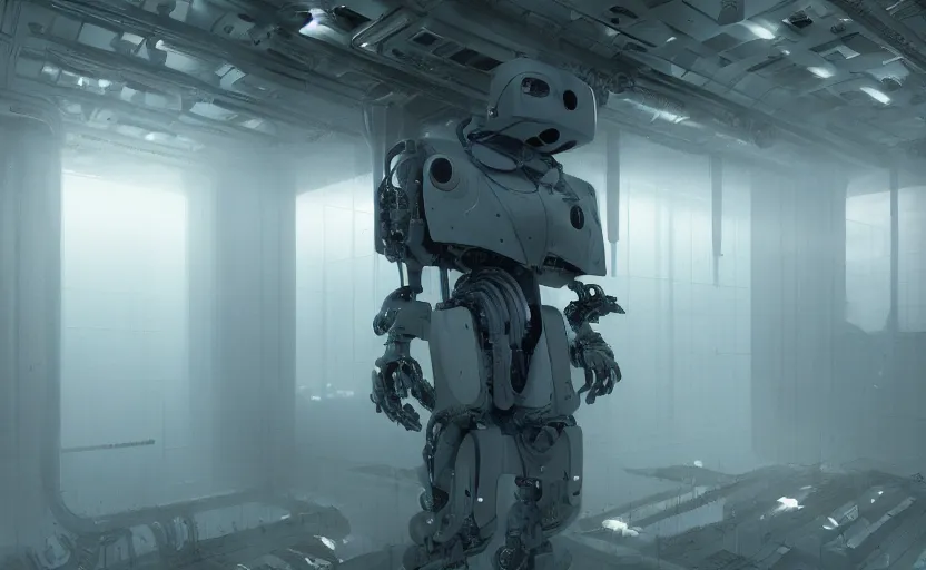 Image similar to extremely detailed cinematic movie still 3 0 7 7 foggy portrait shot of a robot in an endless data centre by denis villeneuve, wayne barlowe, simon birch, marc simonetti, philippe druillet, beeple, bright volumetric sunlight from small windows, rich moody colors