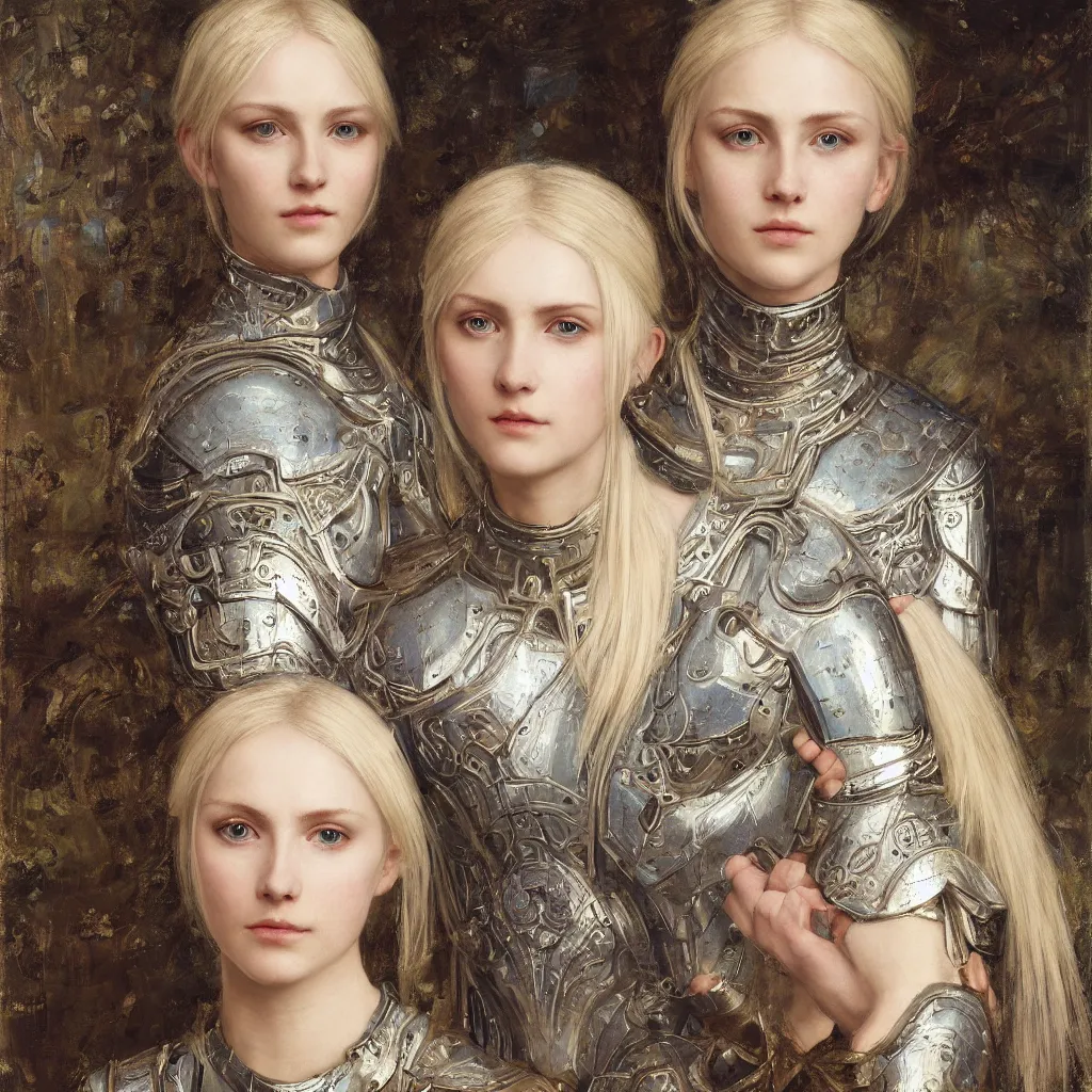 Prompt: a portrait of armored beautiful pale platinum - blonde young woman with light blue eyes, soft gaze, a golden round halo around her head, wearing a fine decorated silver breastplate, painted by john william waterhouse : : 0. 5, epic fantasy, masterpiece, portrait, fine art, digital art, detailed, ultra - hd, cinematic, volumetric, intricate